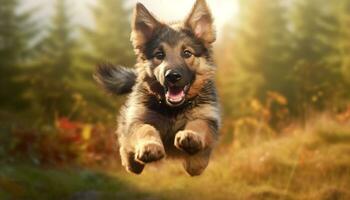 Cute puppy running in the grass, enjoying the outdoors generated by AI photo