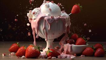 Strawberry dessert, gourmet freshness, chocolate ice cream, summer indulgence generated by AI photo