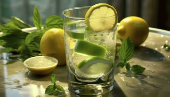 Fresh lemonade with mint leaf, ice, and citrus slice generated by AI photo