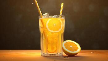 Fresh citrus fruit slice on wooden table, refreshing summer cocktail generated by AI photo