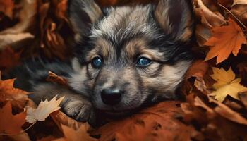 Cute puppy playing in autumn forest, surrounded by colorful leaves generated by AI photo