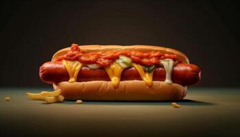 Grilled hot dog, beef, pork, bun, onion, ketchup, unhealthy generated by AI photo