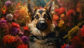 linda perrito sentado al aire libre, mirando a cámara, rodeado por flores generado por ai foto