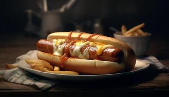 Grilled hot dog on bun, a delicious unhealthy snack generated by AI photo