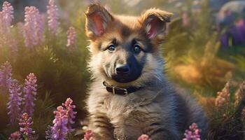Cute puppy sitting in grass, playful and looking outdoors generated by AI photo