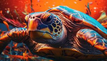 A cute turtle in nature, its shell a multi colored beauty generated by AI photo