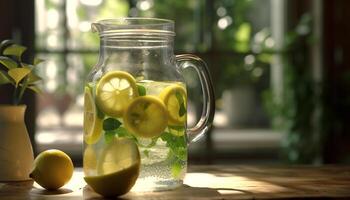 refrescante verano bebida en de madera mesa, agrios Fruta y hielo generado por ai foto