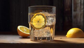 Refreshing lemonade on a wooden table, perfect for summer generated by AI photo