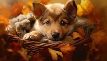 Cute puppy playing in autumn leaves, surrounded by nature generated by AI photo