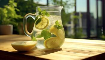 Fresco limonada en un de madera mesa, Perfecto para verano generado por ai foto