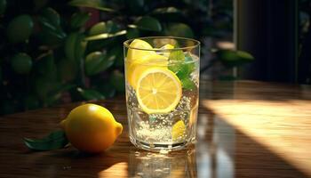 Fresh lemonade on a wooden table, refreshing summer drink generated by AI photo