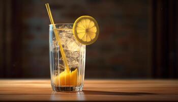 Refreshing cocktail on wooden table, citrus fruit and ice generated by AI photo