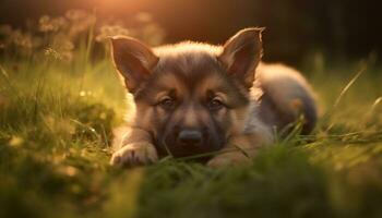 Cute puppy playing in the grass, enjoying the outdoors generated by AI photo