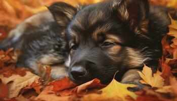 Cute puppy playing in autumn forest, surrounded by colorful leaves generated by AI photo