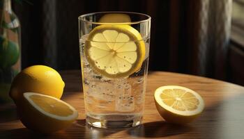 Fresh lemon slice on wooden table, refreshing summer drink generated by AI photo