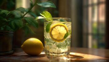 Fresh lemon slice on ice, refreshing summer cocktail drink generated by AI photo