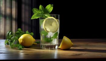 Fresh lemon slice on wooden table, refreshing summer citrus drink generated by AI photo