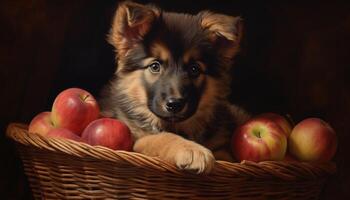 A cute puppy sitting in a basket with apples generated by AI photo