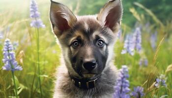 Cute puppy sitting on grass, looking at camera playfully generated by AI photo