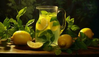 Fresco limón rebanada en de madera mesa, refrescante verano bebida generado por ai foto