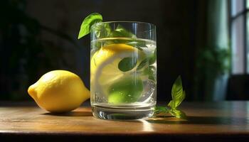 refrescante limonada en un de madera mesa, Perfecto para verano generado por ai foto