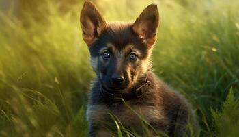 Cute puppy playing in the grass, enjoying the summer generated by AI photo