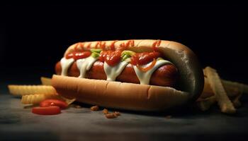 Grilled beef, hot dog, pork, ketchup, onion, barbecue, sandwich generated by AI photo