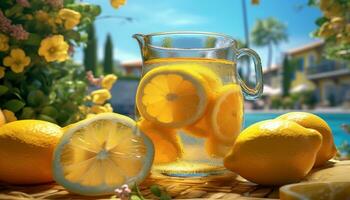 Fresh lemonade, a refreshing drink for a sunny summer day generated by AI photo