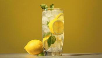 Refreshing lemonade cocktail with ice, mint, and citrus fruit generated by AI photo