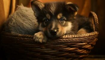 Cute puppy sitting in basket, looking at camera generated by AI photo