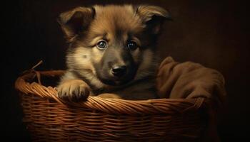 Cute puppy sitting, looking at camera, fluffy fur, playful generated by AI photo