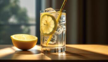 Fresh lemonade on wooden table, a refreshing summer drink generated by AI photo