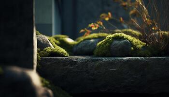 Green leaves on trees, stone walls, nature autumn decoration generated by AI photo