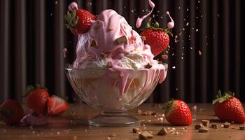 Strawberry dessert, gourmet sweet food, fresh summer berry ice cream generated by AI photo