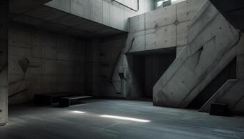 Modern concrete architecture, empty room, illuminated by natural light generated by AI photo