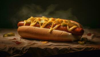 Grilled beef hot dog on bun, ketchup, picnic meal generated by AI photo