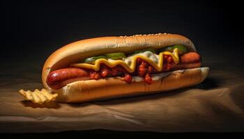 Grilled beef hot dog on bun with ketchup and onion generated by AI photo