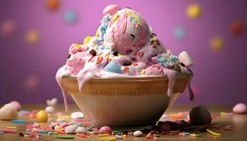 Multi colored ice cream sundae on a pink background, indulgence personified generated by AI photo