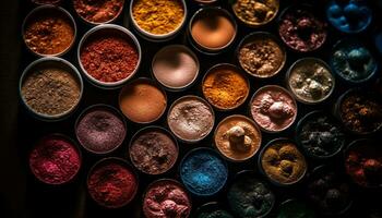 un vibrante colección de belleza productos en varios colores generado por ai foto