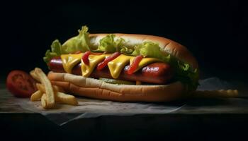 Grilled beef burger, hot dog, fries, ketchup, picnic refreshment generated by AI photo