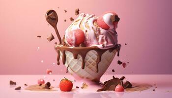 Indulgent gourmet dessert chocolate ice cream with fresh strawberries generated by AI photo