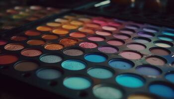 multi de colores sombra paleta, belleza producto para vibrante ojo hacer arriba generado por ai foto