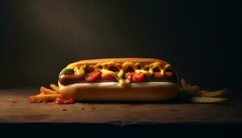 Grilled beef sandwich with hot dog, ketchup, and fries generated by AI photo