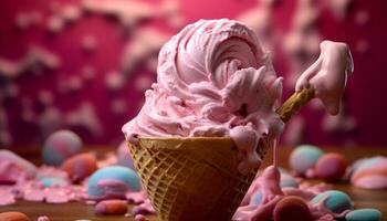 Pink ice cream cone with chocolate and strawberry decorations generated by AI photo