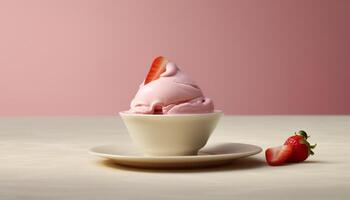 Fresh strawberry ice cream on a pink table, indulgent dessert generated by AI photo