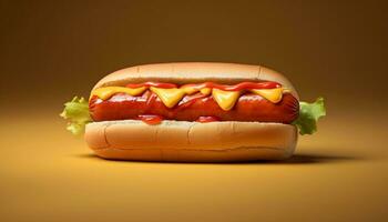 Grilled beef hot dog on bun, unhealthy American lunch generated by AI photo