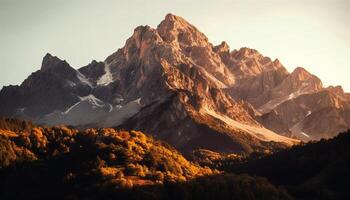 Mountain peak, outdoors, landscape, snow, mountain climbing, hiking, sunset, adventure generated by AI photo