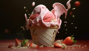 Strawberry dessert, gourmet ice cream, chocolate indulgence, fresh berry generated by AI photo