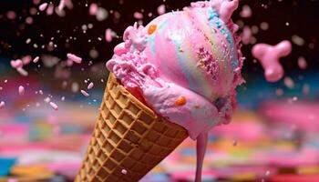 Indulgent ice cream cone, a colorful and refreshing summer treat generated by AI photo