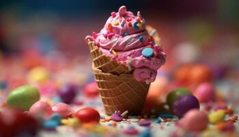 Multi colored candy, ice cream, chocolate a gourmet indulgence generated by AI photo